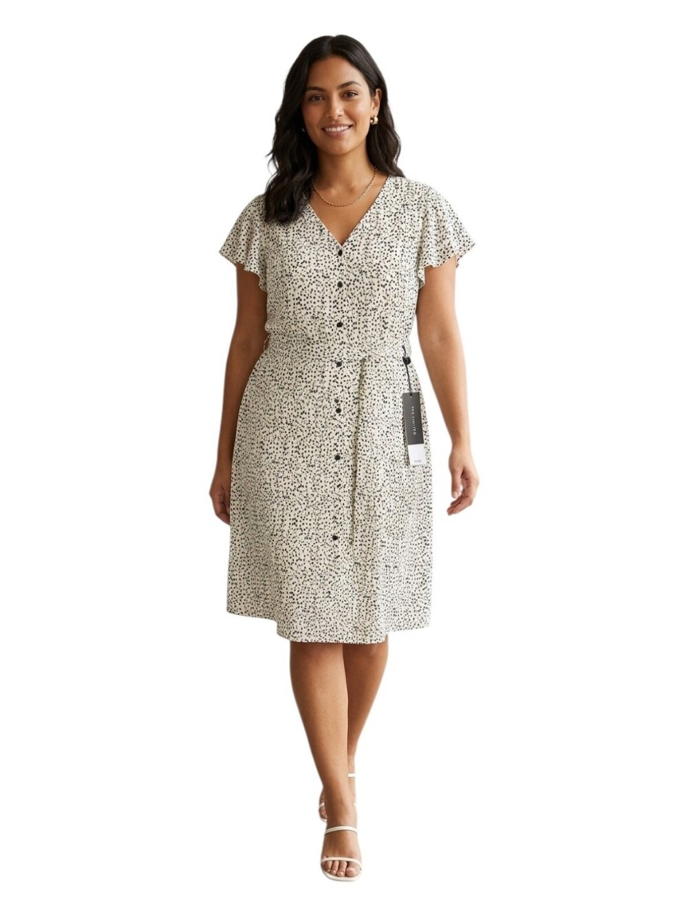 The Limited White Button-Front Dress with Black and Lime Dot Print
